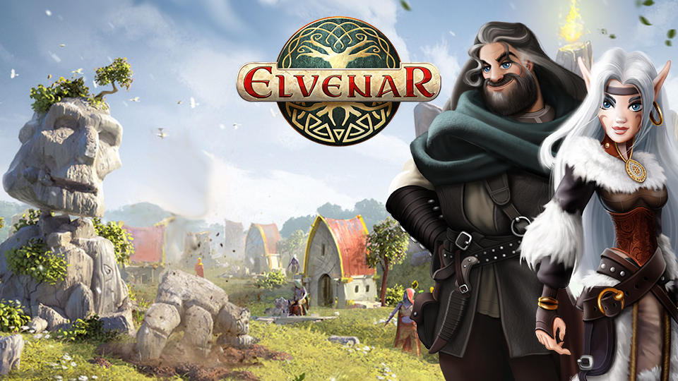 Elvenar Games eine Elfe und ein Mensch auf einer Wiese in einer Fantasy Landschaft
